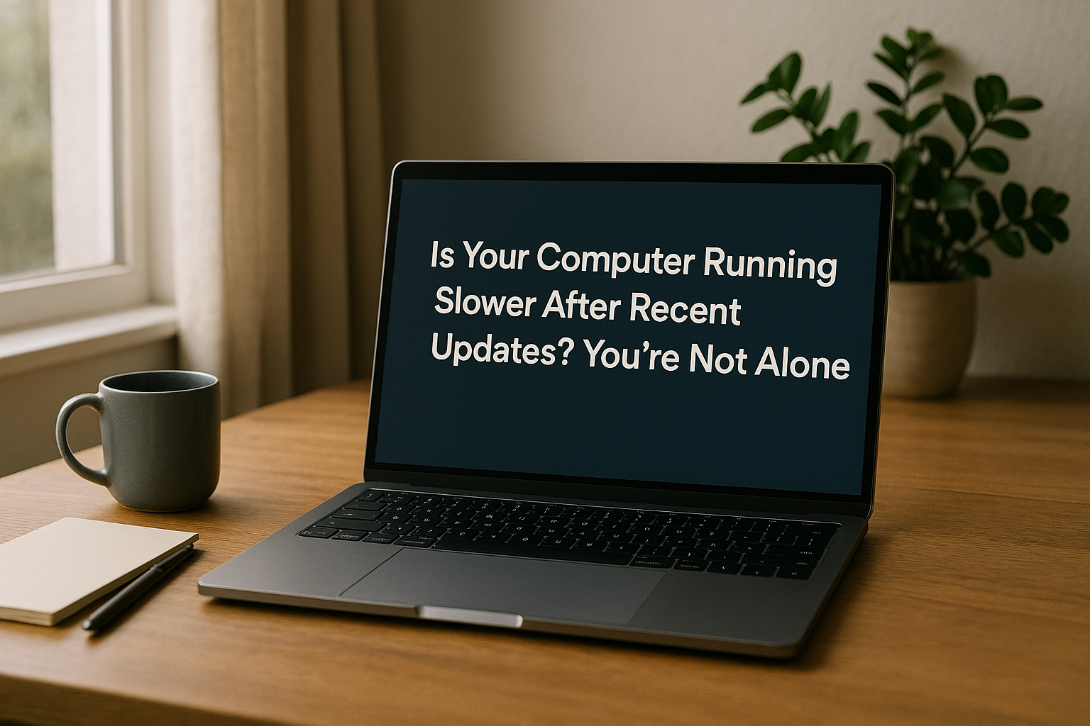 Computer displaying 'Is Your Computer Running Slower After Recent Updates? You're Not Alone' on screen in home office setting.